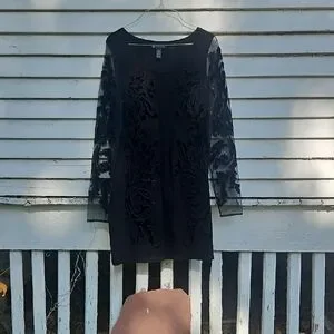 INC International Concepts Black Dress with Sheer Patterned Sleeves